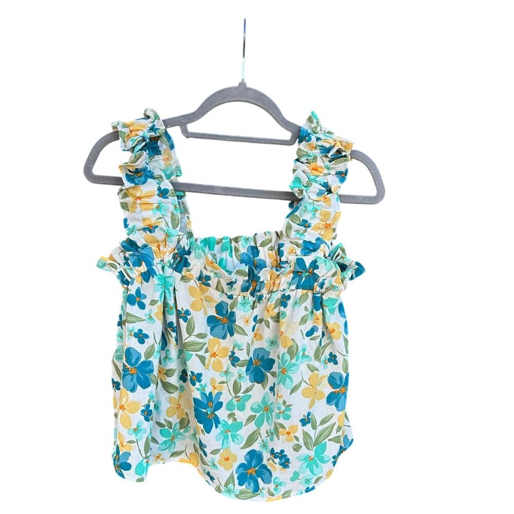 Mine Ruffle, Flowy, Ruched Tank Top, Turquoise, Yellow,‎ White, Size: Large